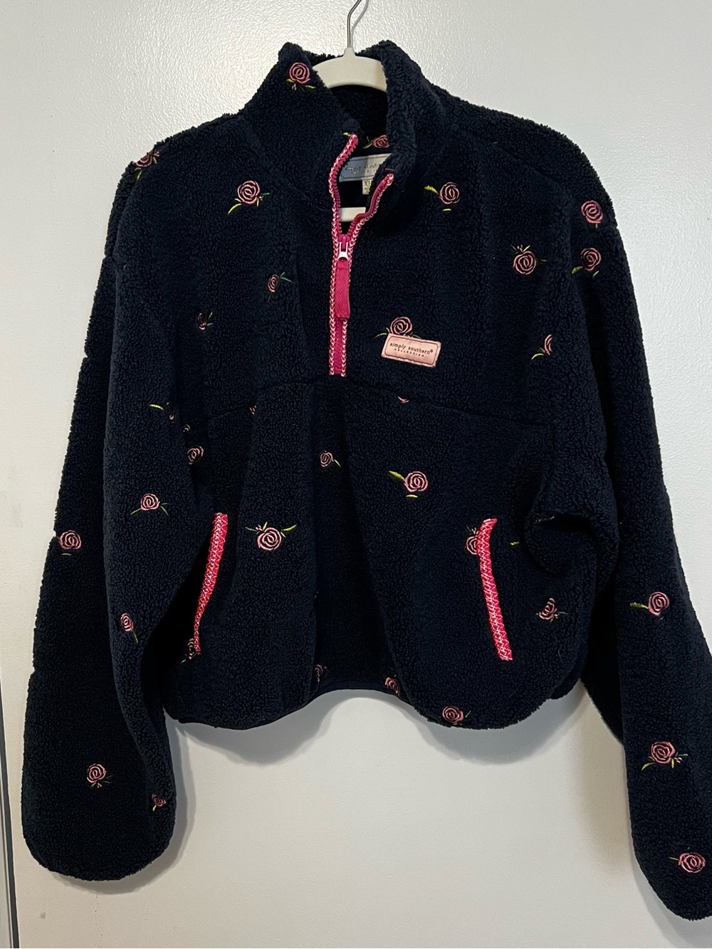 Simply Southern Navy Sherpa Pullover with Pink Rose Embroidery